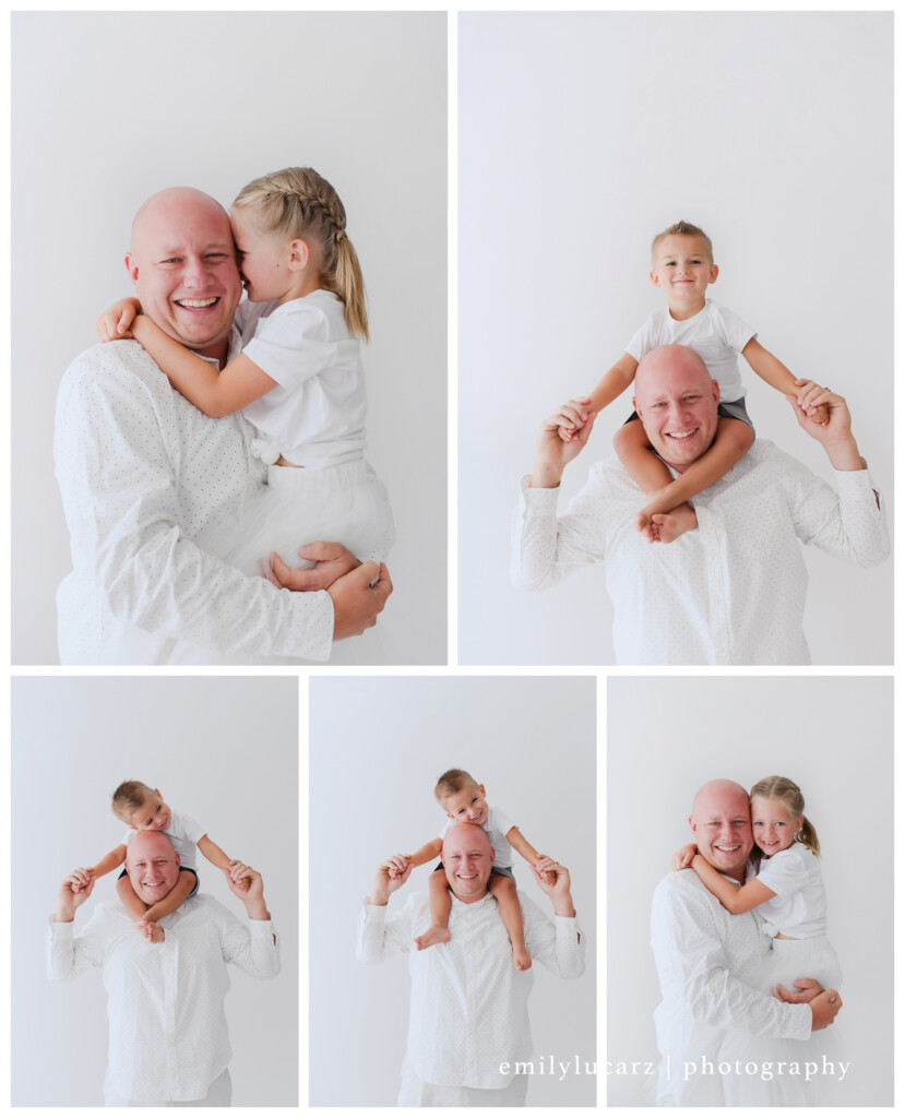 dad and son, dad and daughter, kids on shoulders, white outfits