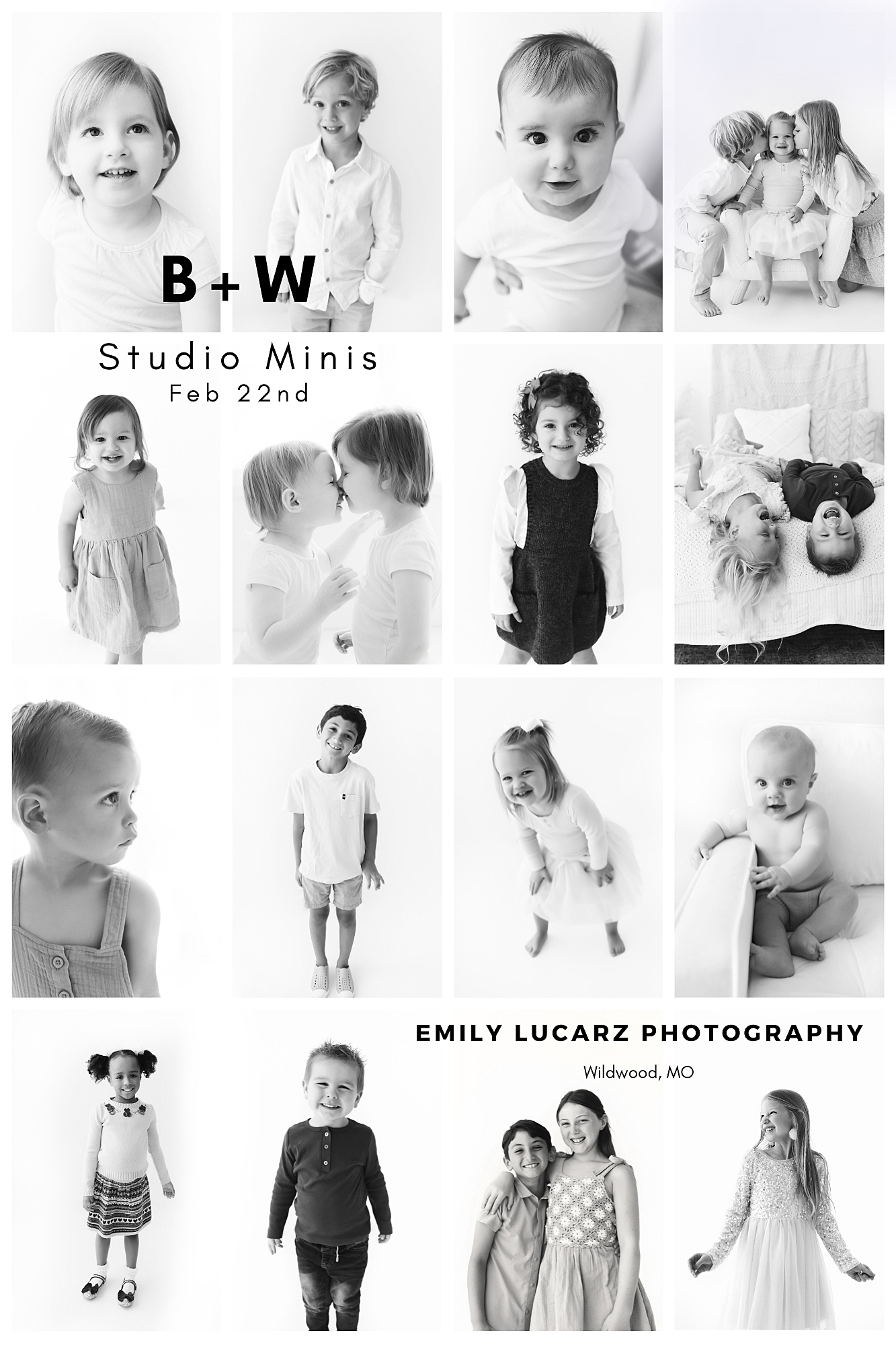 black and white children photos in a photography studio in Missouri