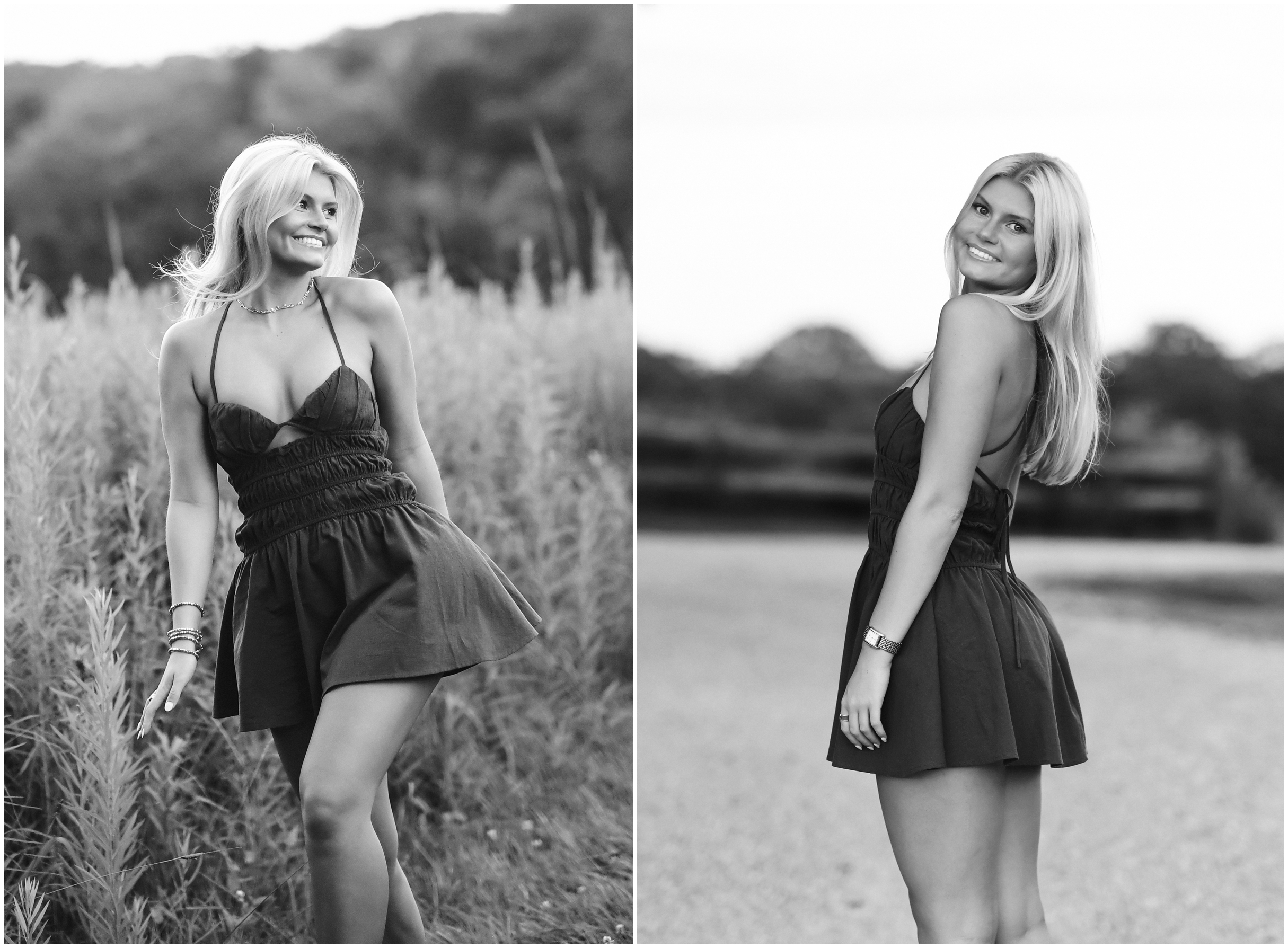 black and white photo in a field