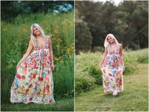 senior photos of a girl in a colorful dress in a field