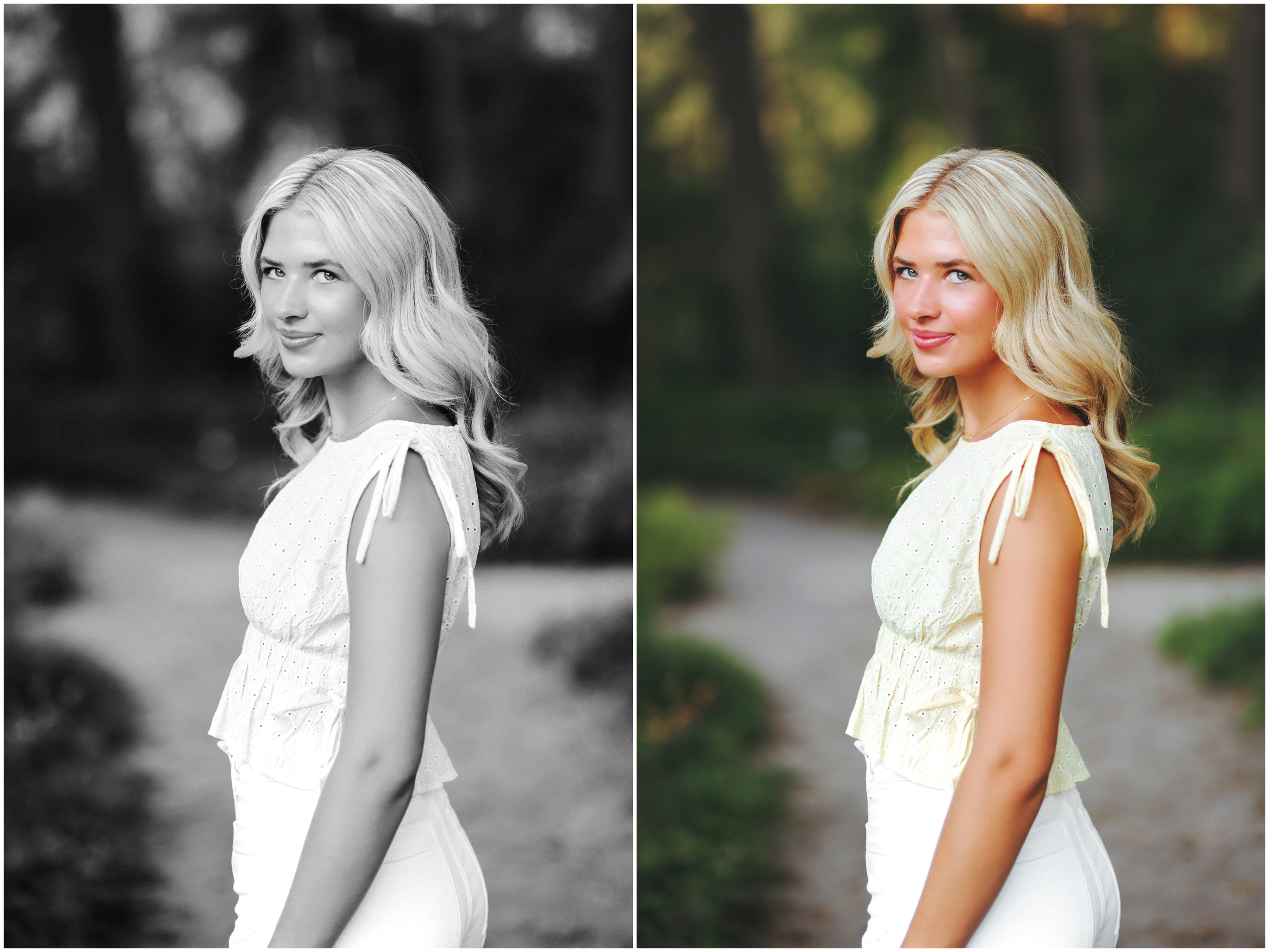 black and white and color photo of a senior photo shoot