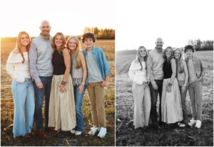 family in color and black at white at sunset