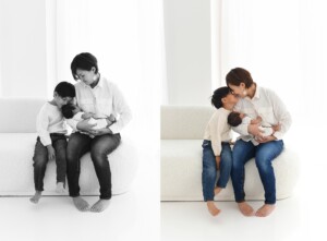 Mother sitting with newborn and older child during natural light studio session in Wildwood MO
