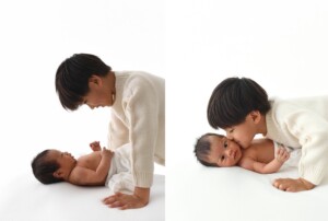 Big brother portrait during newborn session at natural light studio in St. Louis Missouri