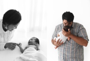 Father and mother holding newborn during studio newborn session in Wildwood Missouri.